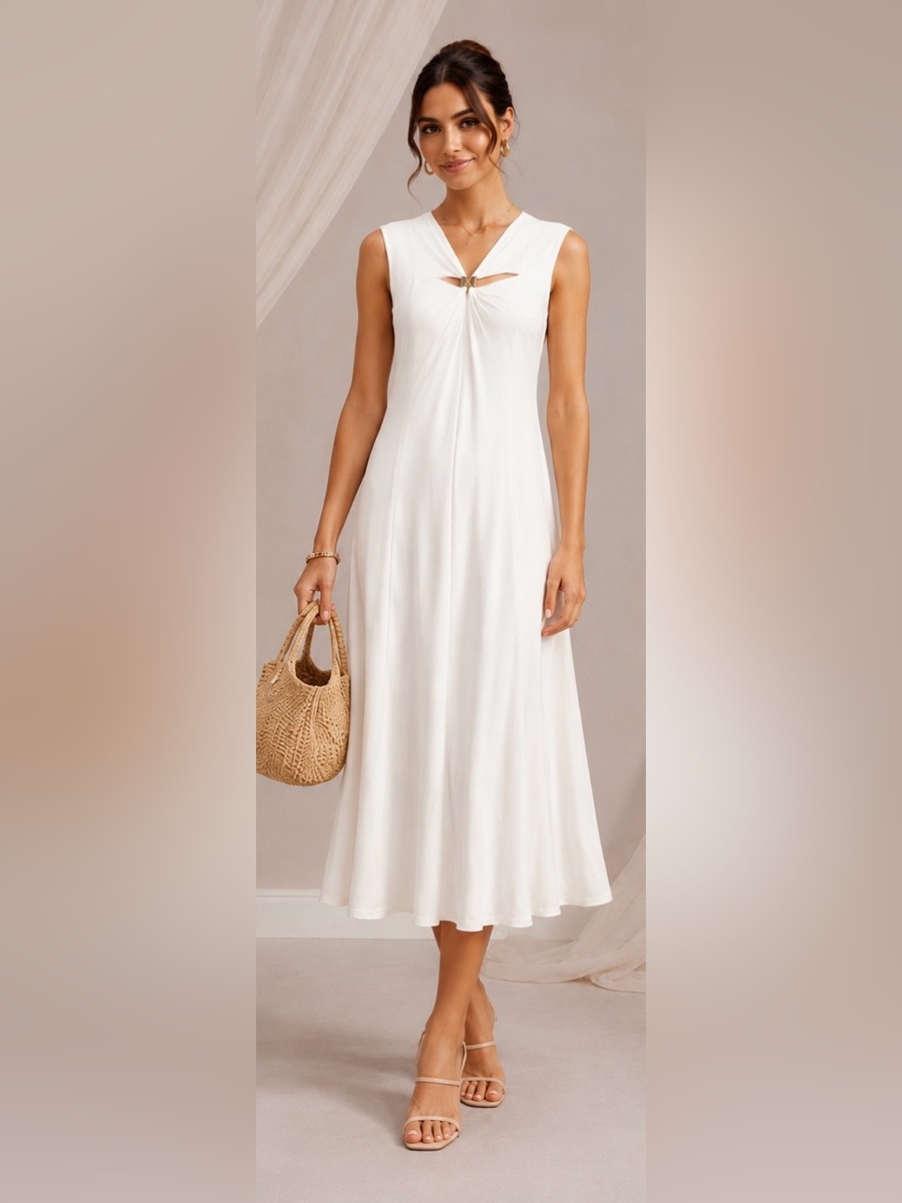 WHBM Twist Neck Cutout Midi Dress White Ecru NWT Size 6 Sleeveless $180